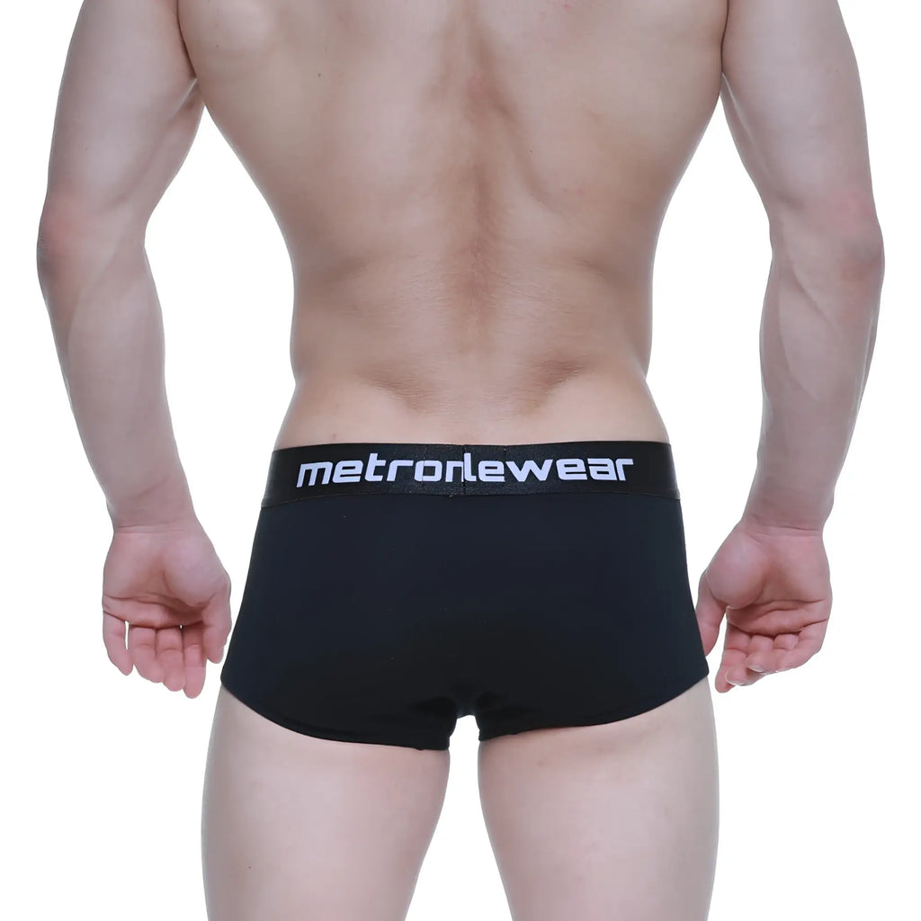 Black mens briefs with a white metronewear logo on the waistband from metro malewear elemental boxer brief black 2029-20