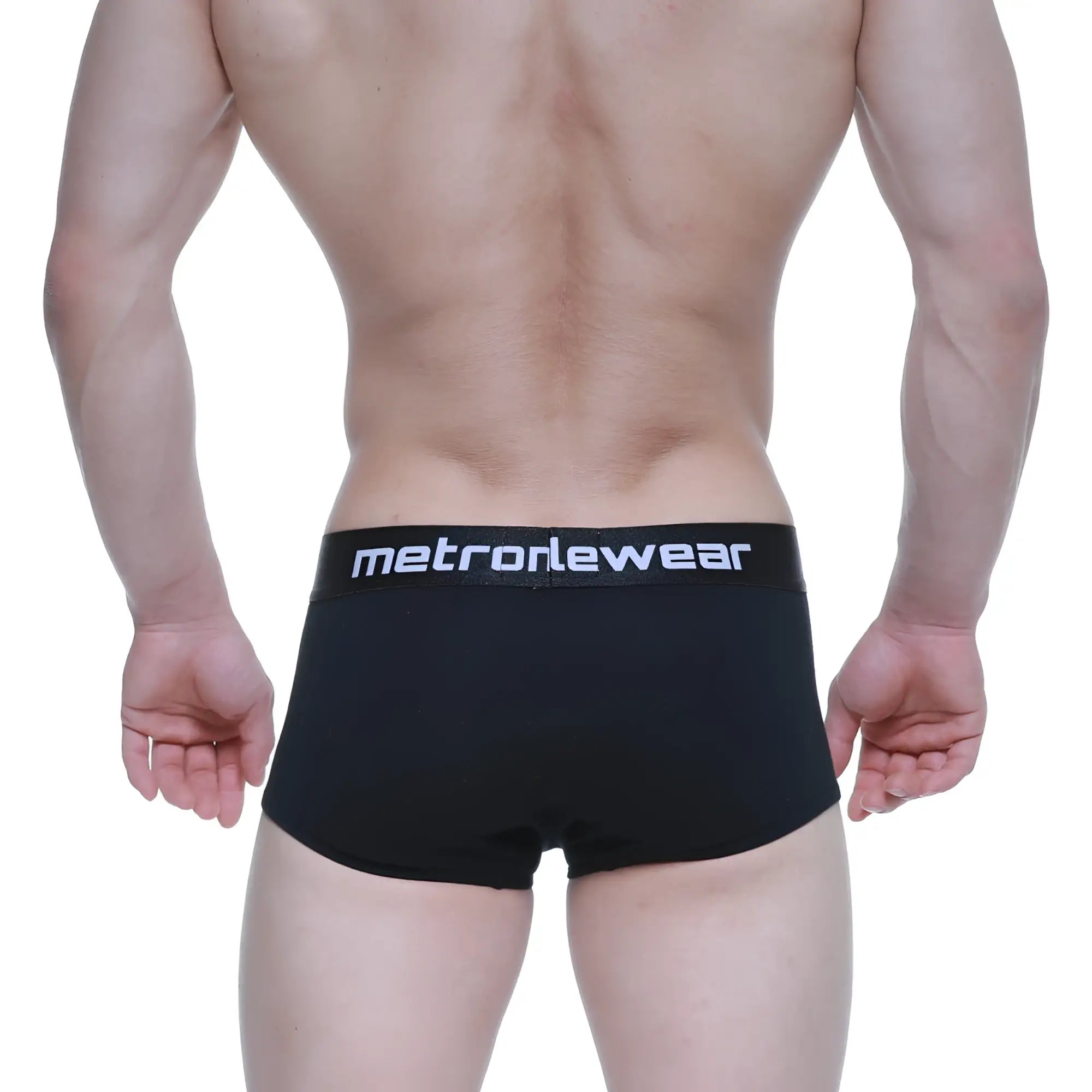 Black mens briefs with a white metronewear logo on the waistband from metro malewear elemental boxer brief black 2029-20