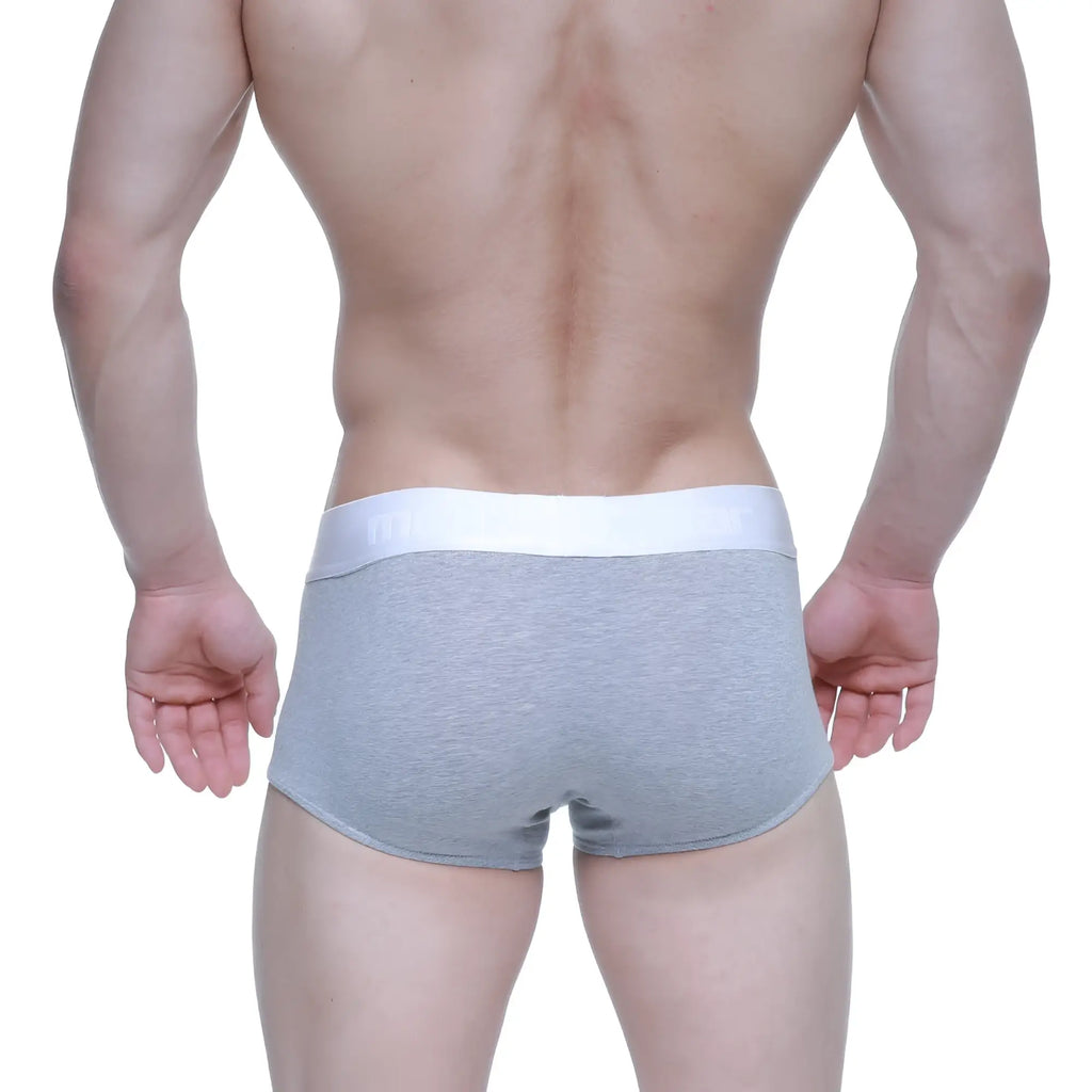 Gray heathered boxer briefs with a solid white waistband from metamalewearelemental for comfortable everyday wear