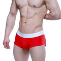 Red mens briefs with a white elastic waistband branded aeromail from metromalewear elemental boxer brief 2029-12