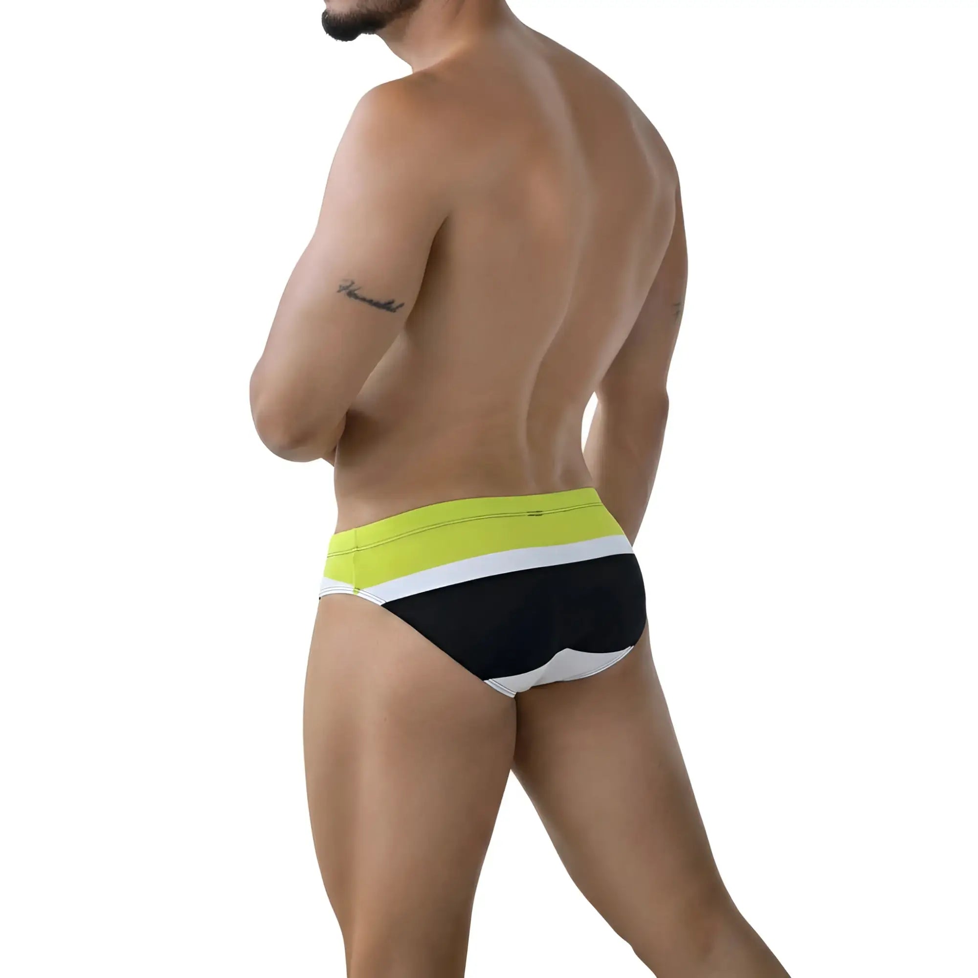 MetroMalewear elite bikini 5103-M54 swim trunks with black white and neon yellow stripes for beachwear