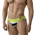 MetroMaleWear elite bikini 5103-m54 vibrant lime green and black striped swim trunks with white accents for men