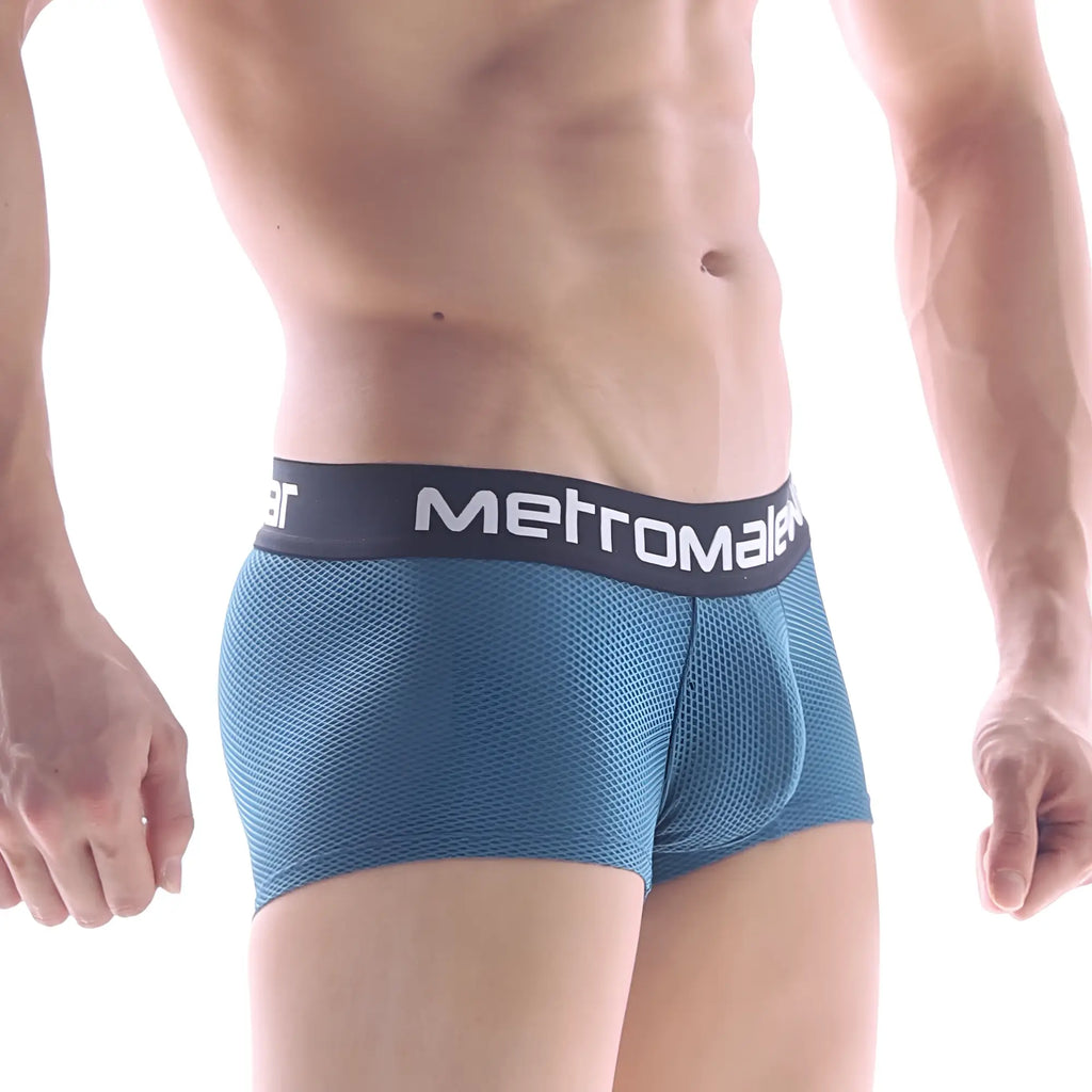 Blue mesh metro male briefs with black waistband and white logo from MetroMaleWear embossing dark green short boxer 7 inch