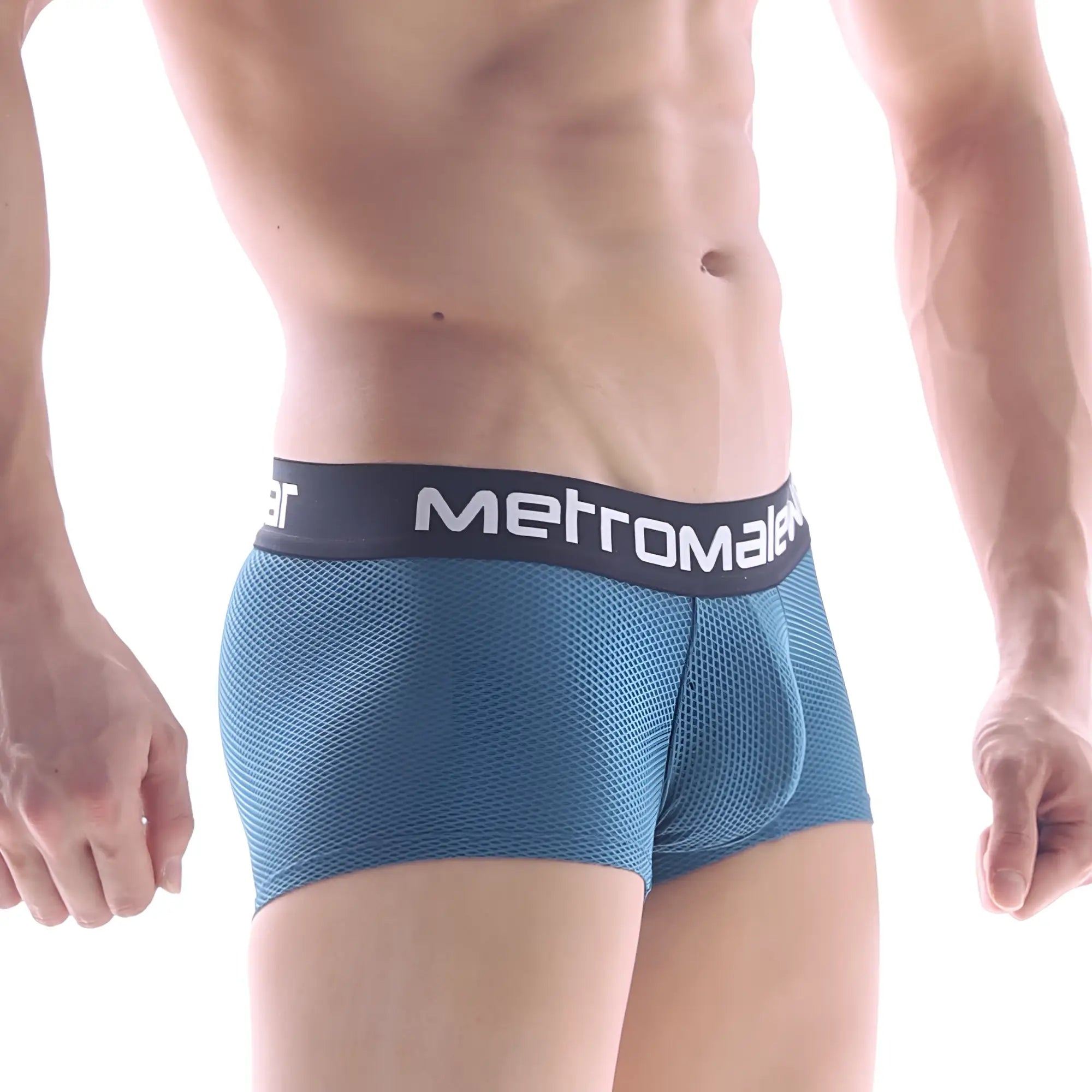 Blue mesh metro male briefs with black waistband and white logo from MetroMaleWear embossing dark green short boxer 7 inch