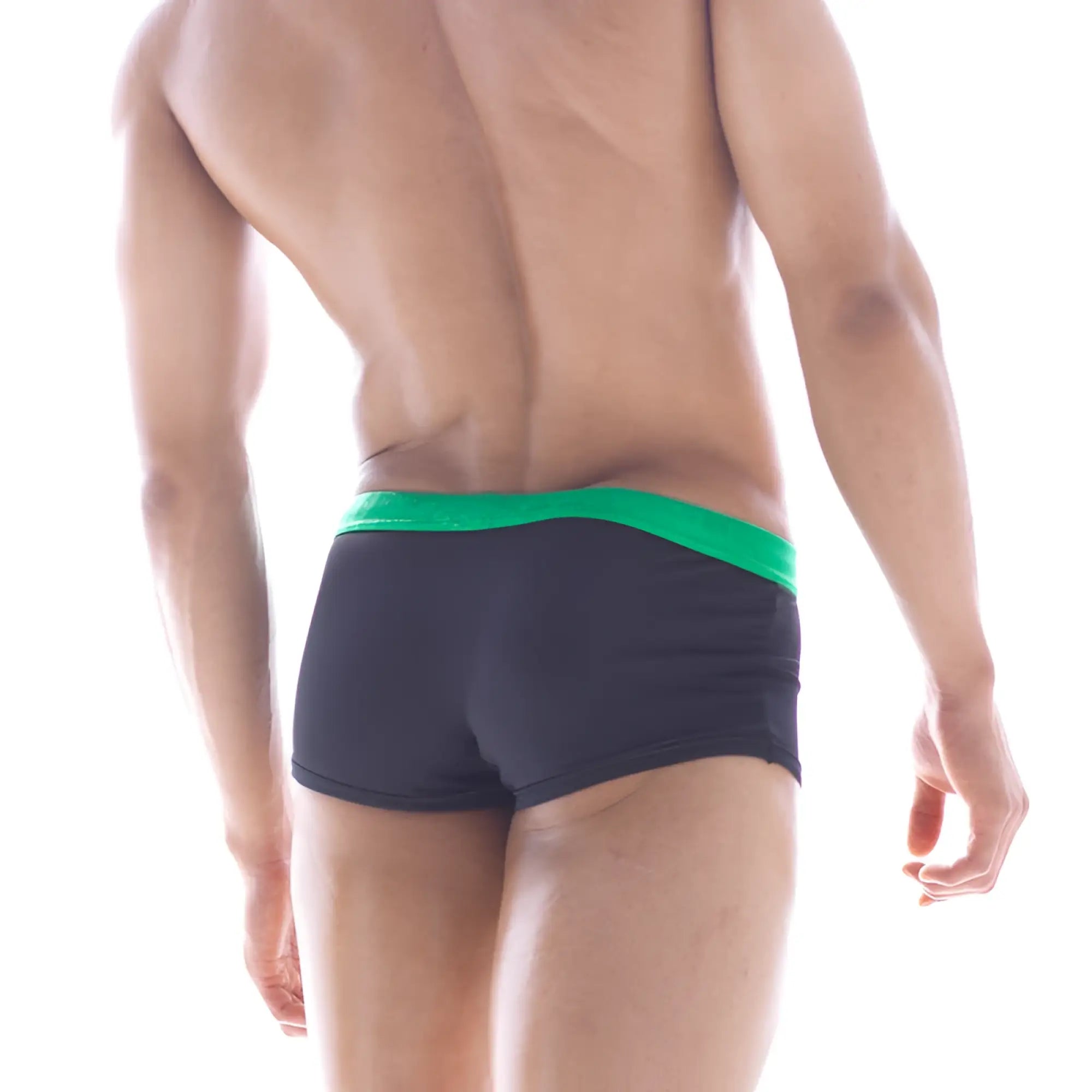 MetroMalewear emerald swim boxer 4929-20 black swim trunks featuring a vibrant green waistband for swimwear use