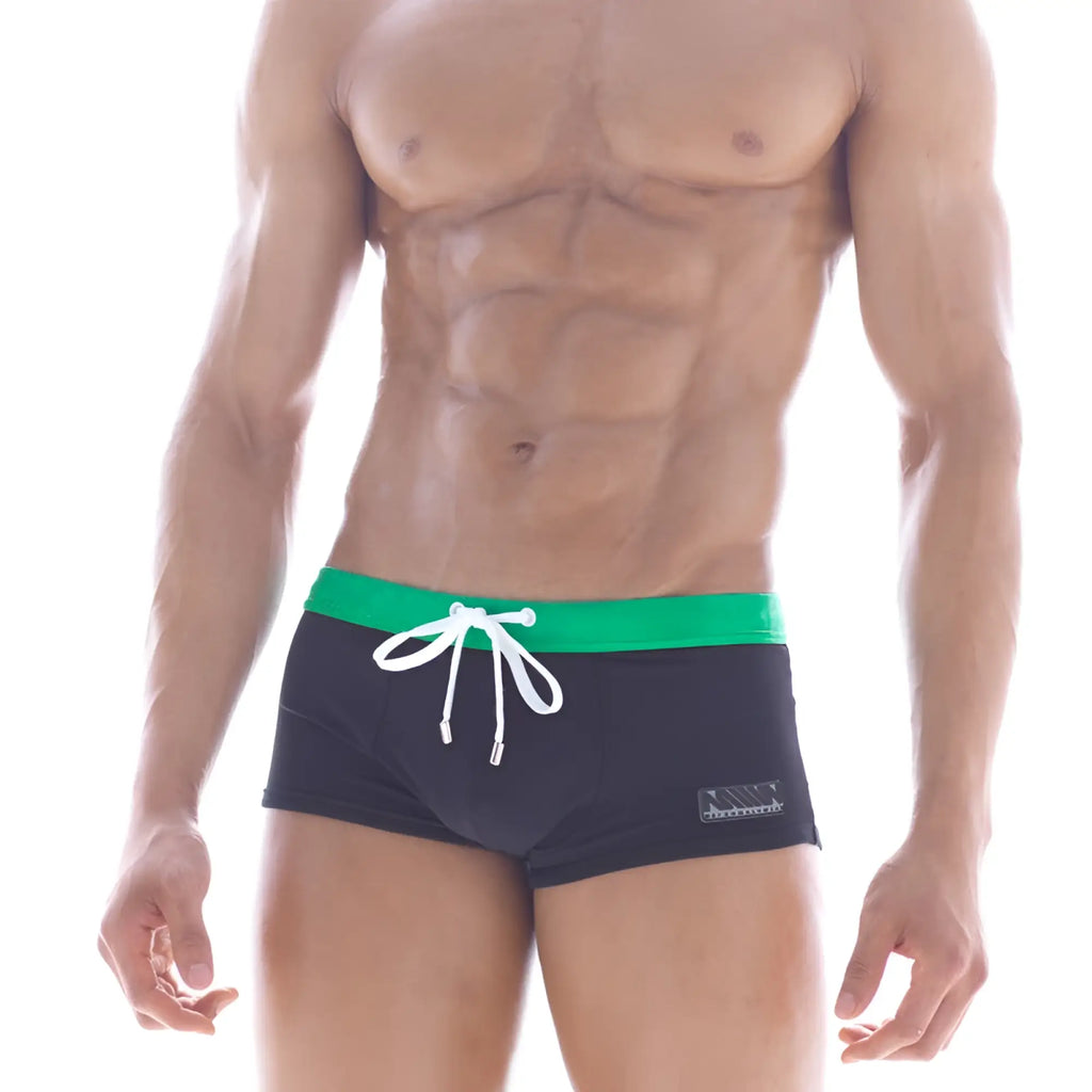 Black swim trunks MetroMaleWear emerald swim boxer 4929-20 with vibrant green waistband and white drawstring