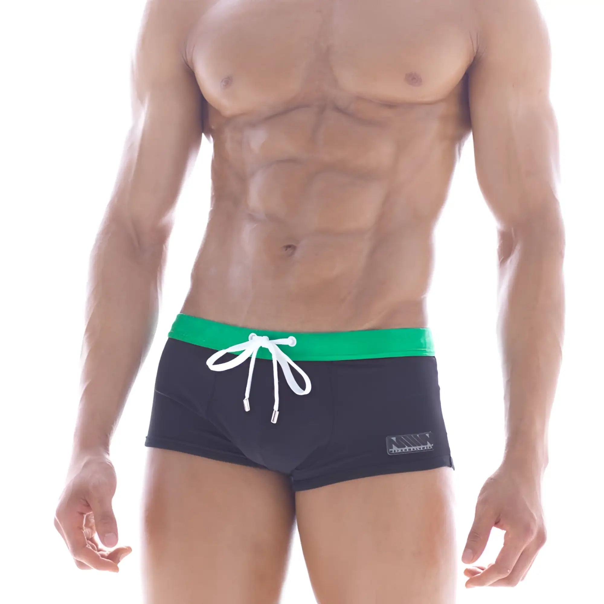 Black swim trunks MetroMaleWear emerald swim boxer 4929-20 with vibrant green waistband and white drawstring