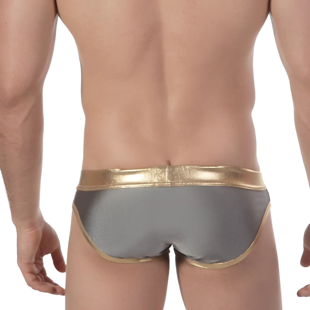 Gray metallic metroMalewear empire swim briefs with shiny gold waistband and trim charcoal color