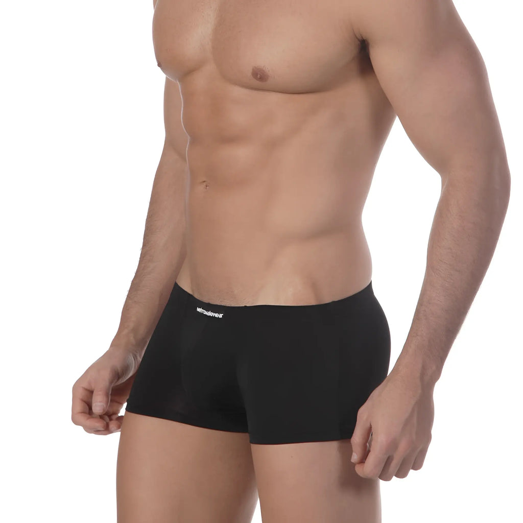 Black men’s briefs metroMalewear enhancement boxer black 2043-20 with subtle white logo on waistband
