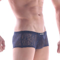 Dark blue lace men’s enhancement boxer with floral pattern and branded waistband from MetroMaleWear 2043-73