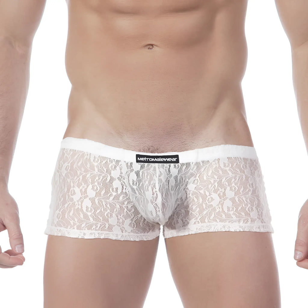 White lace men’s briefs with black metroMalewear label on waistband enhancing comfort and style
