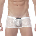 White lace men’s briefs with black metroMalewear label on waistband enhancing comfort and style