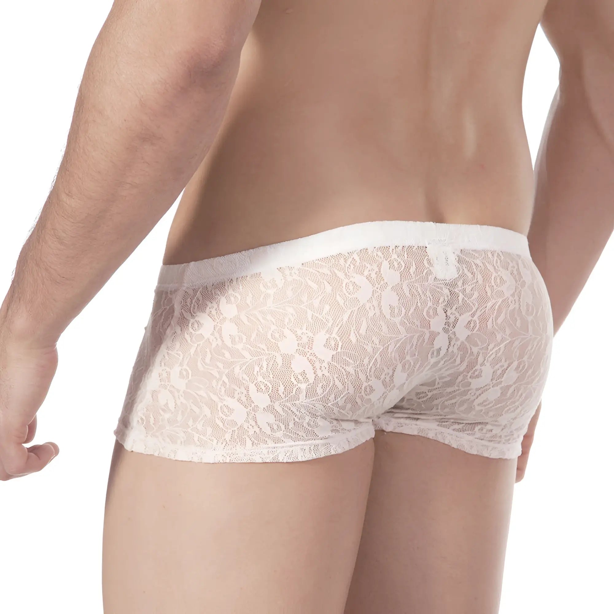 White lace men’s briefs with delicate floral pattern and elastic waistband from metromalewear enhancement boxer lace nude 2043-71