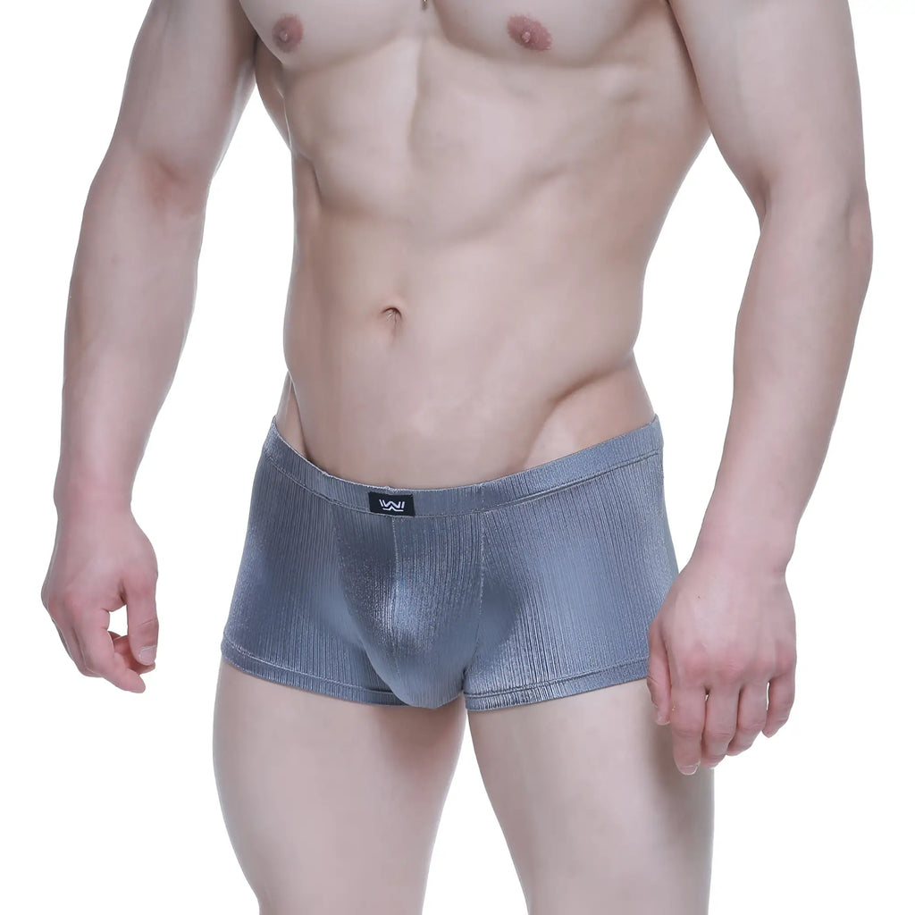 Gray textured MetroMaleWear Enhancement boxer briefs with subtle sheen and black logo tag at waistband