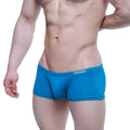 Bright blue form-fitting mens briefs with subtle white logo on waistband metroMalewear enhancement boxer petrol 2043-08