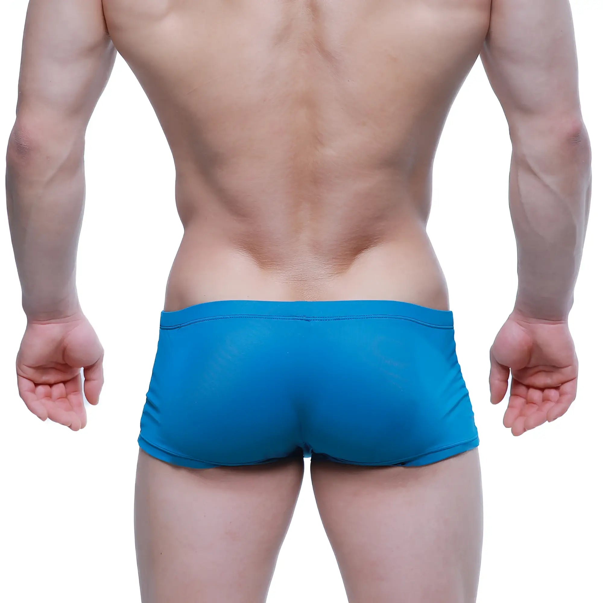 Bright blue form-fitting metro malewear enhancement boxer petrol swim trunks made of smooth stretchy fabric