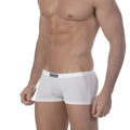 White mens briefs with a black branded waistband label metro male wear enhancement boxer white 2043-00 front view