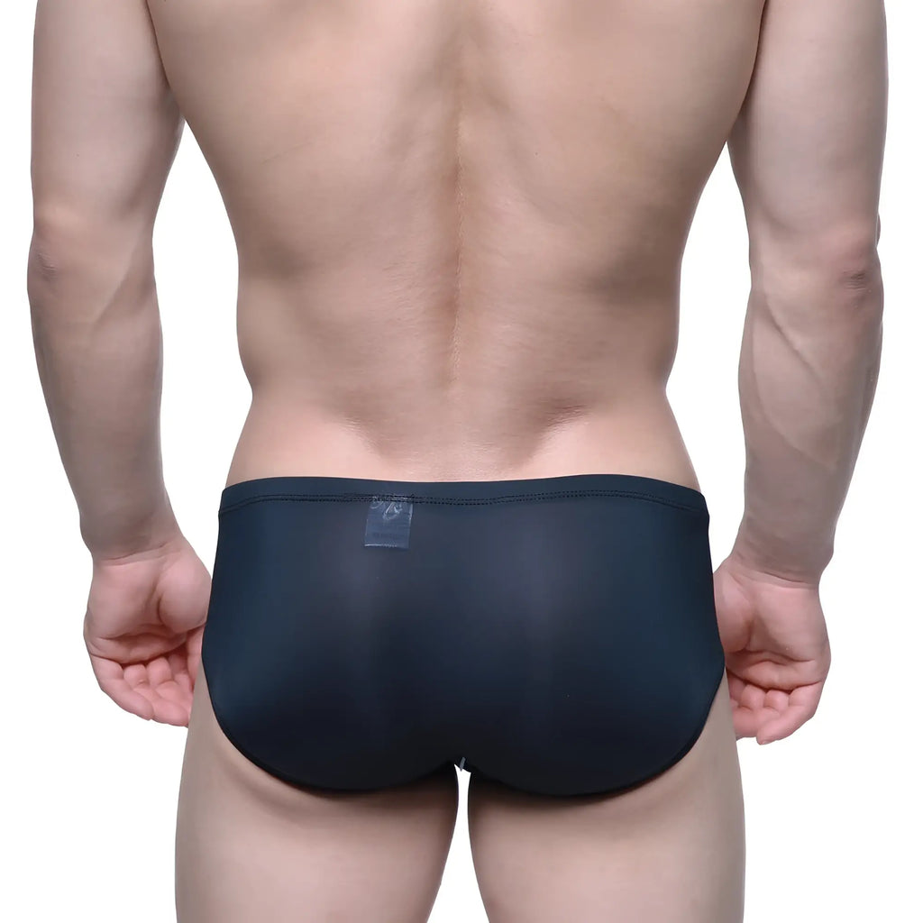 MetroMaleWear Entropy bikini black form-fitting swim trunks with smooth stretchy fabric and transparent waistband label