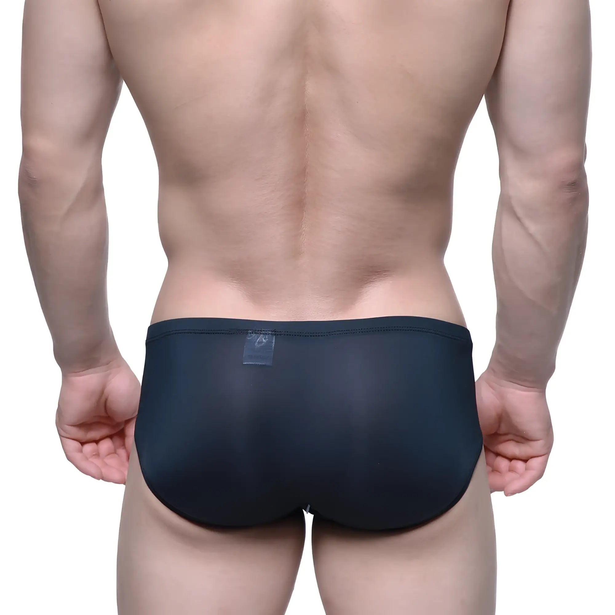MetroMaleWear Entropy bikini black form-fitting swim trunks with smooth stretchy fabric and transparent waistband label