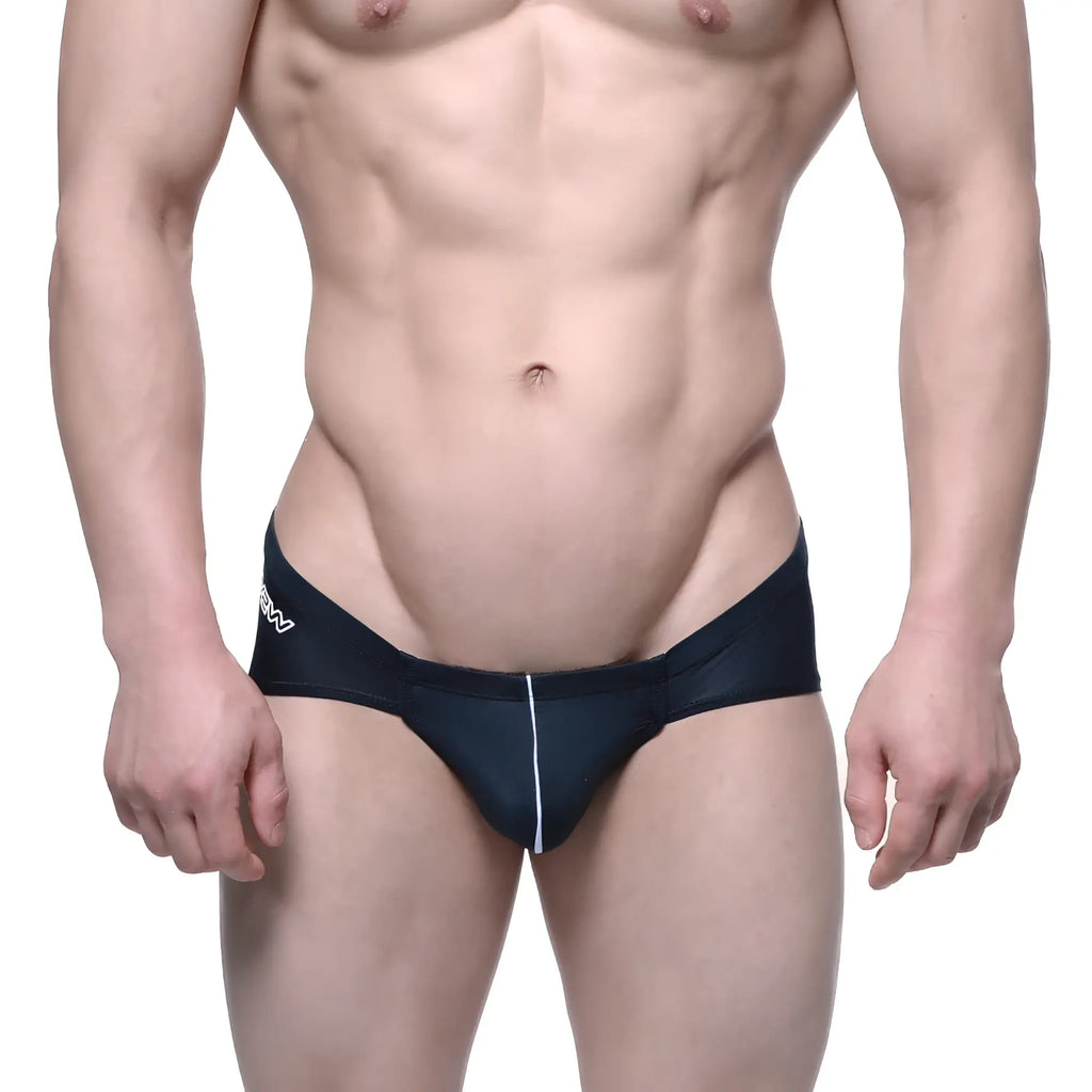 Black swim trunks with a white vertical stripe and logo on the left hip from MetroMaleWear Entropy Bikini 1006-21