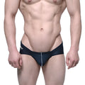 Black swim trunks with a white vertical stripe and logo on the left hip from MetroMaleWear Entropy Bikini 1006-21