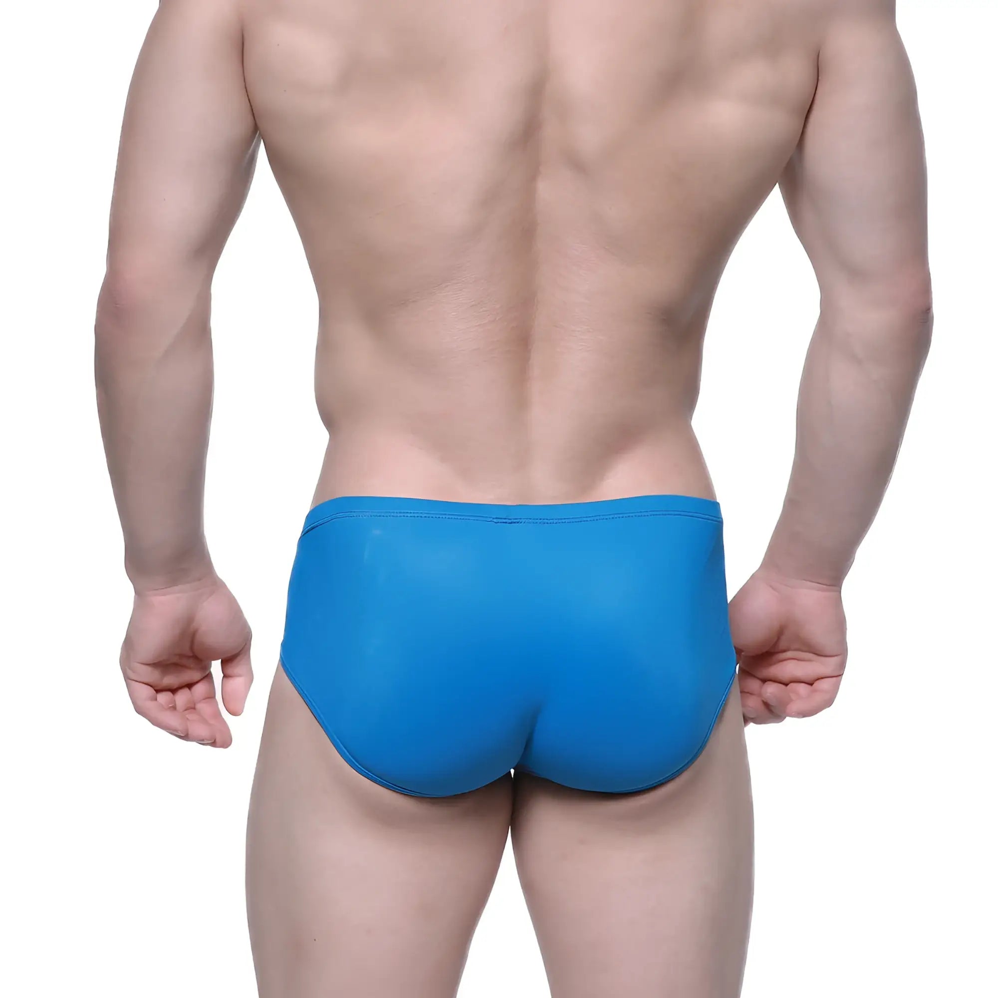 Bright blue form-fitting swim trunks with a smooth glossy finish from MetroMaleWear Entropy Bikini Petrol 1006-08