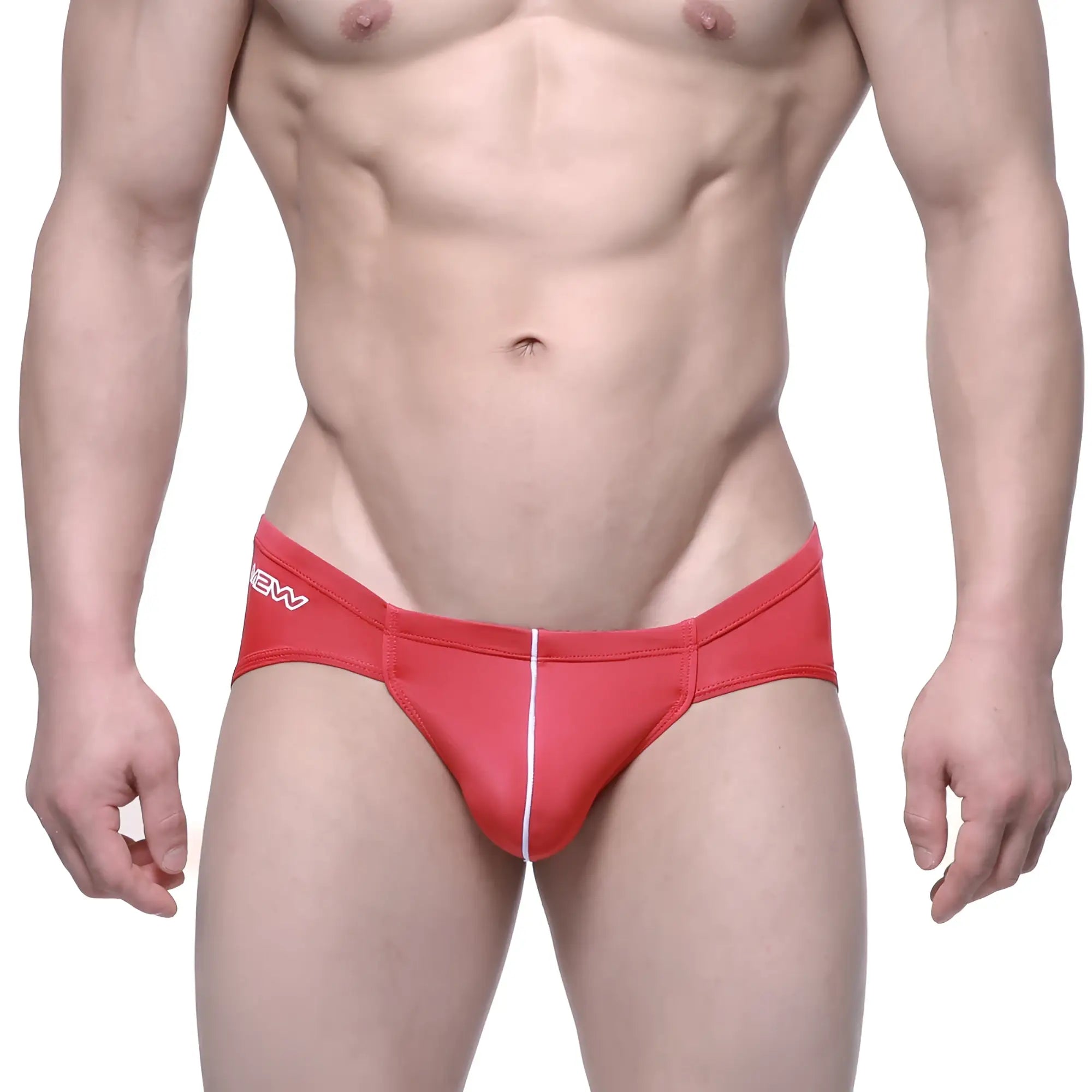 MetroMaleWear Entropy bikini red athletic briefs with white vertical seam and new branding on the waistband