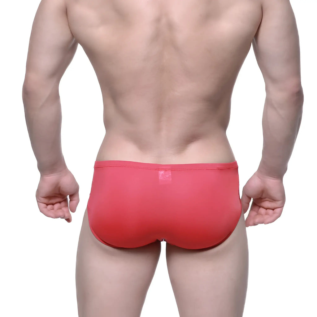 Back side of metro male wear entropy bikini red men’s briefs in smooth form-fitting fabric with small logo on waistband