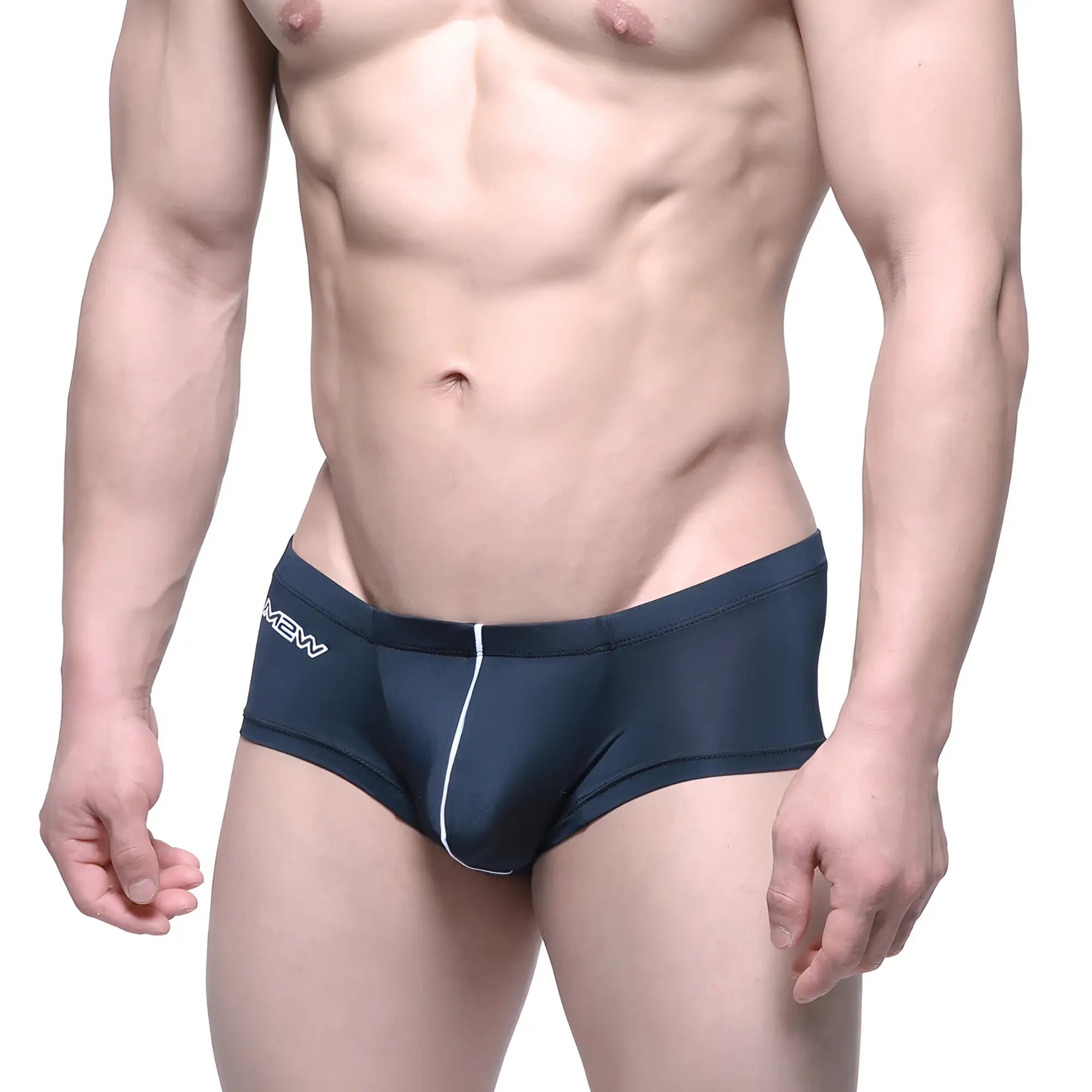 Navy blue MetroMaleWear Entropy swim trunks with white piping and subtle waistband logo for men