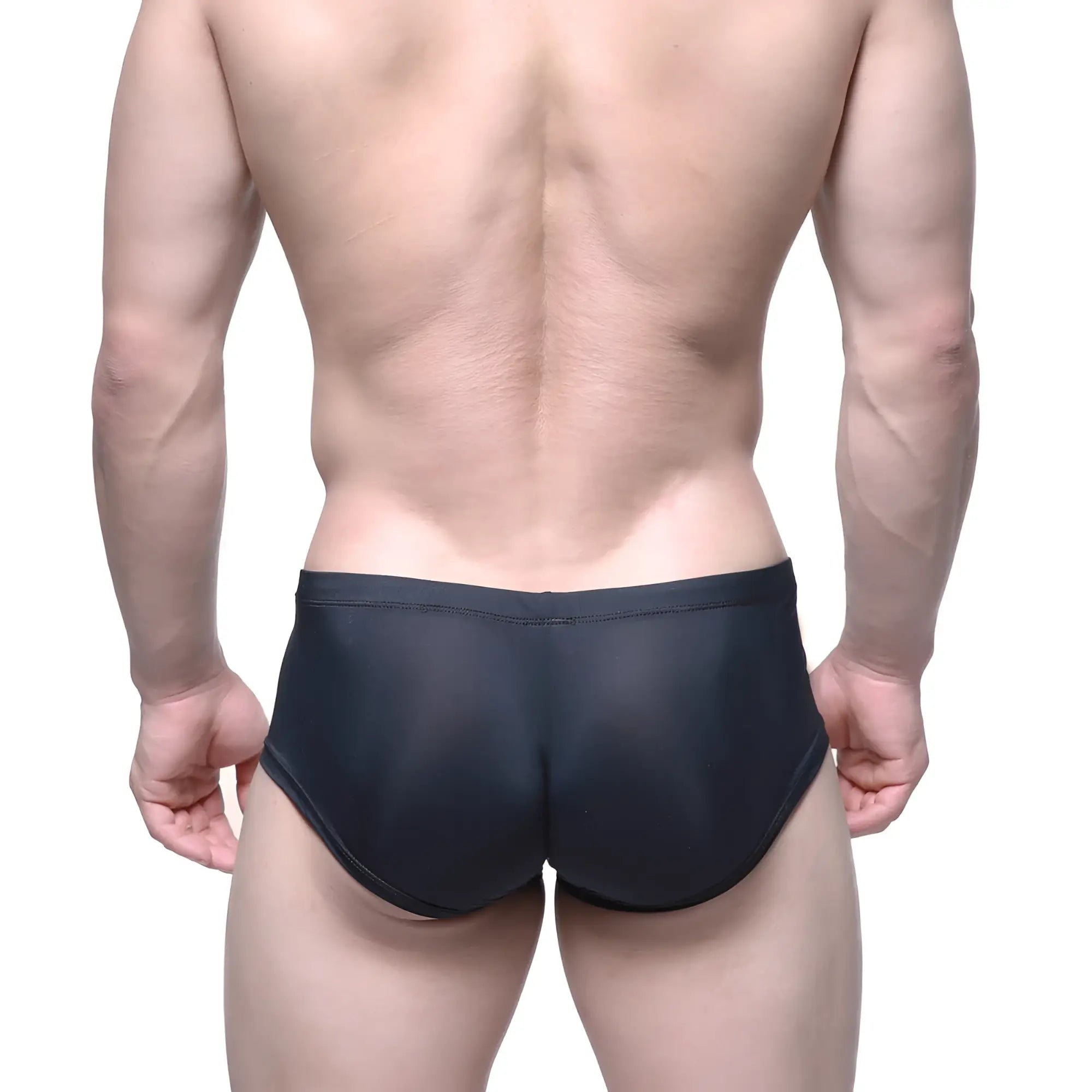 Black form-fitting swim trunks by Metromalewear featuring smooth stretchy fabric and a sleek modern design