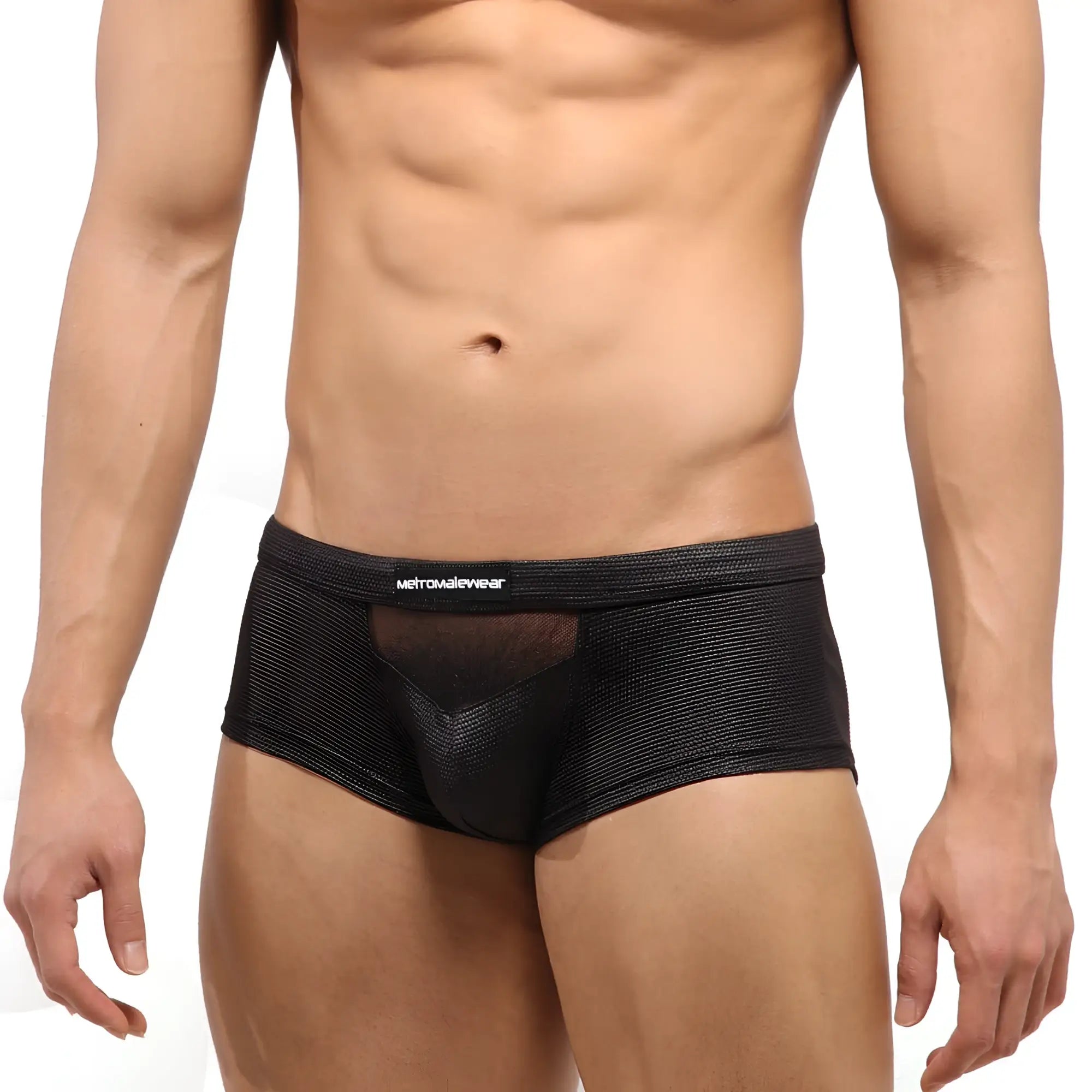 MetroMaleWear Escondido Hip Trunk Metal black briefs with breathable black mesh fabric and central transparent panel