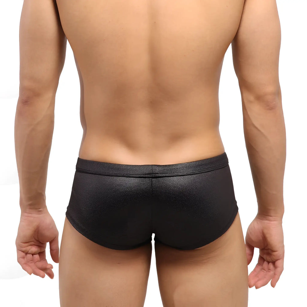 MetroMalewear Escondido hip trunk metal black textured snug fit swim trunks with elastic waistband
