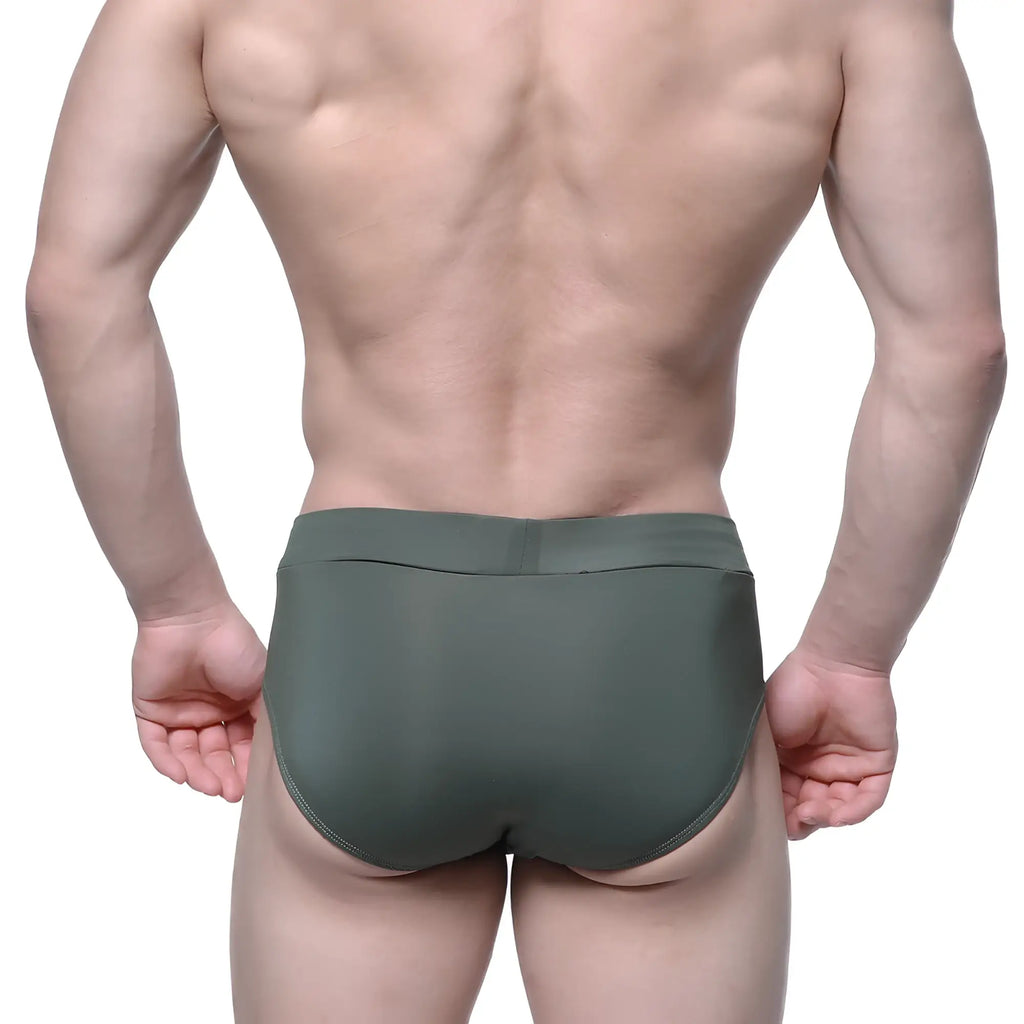 Olive green seamless briefs by metromalewear featuring soft fabric and a comfortable fit for daily wear