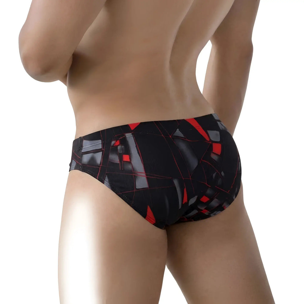 MetroMaleWear Espejo Bikini 5103-M35 black and red geometric patterned men’s swim trunks for beachwear