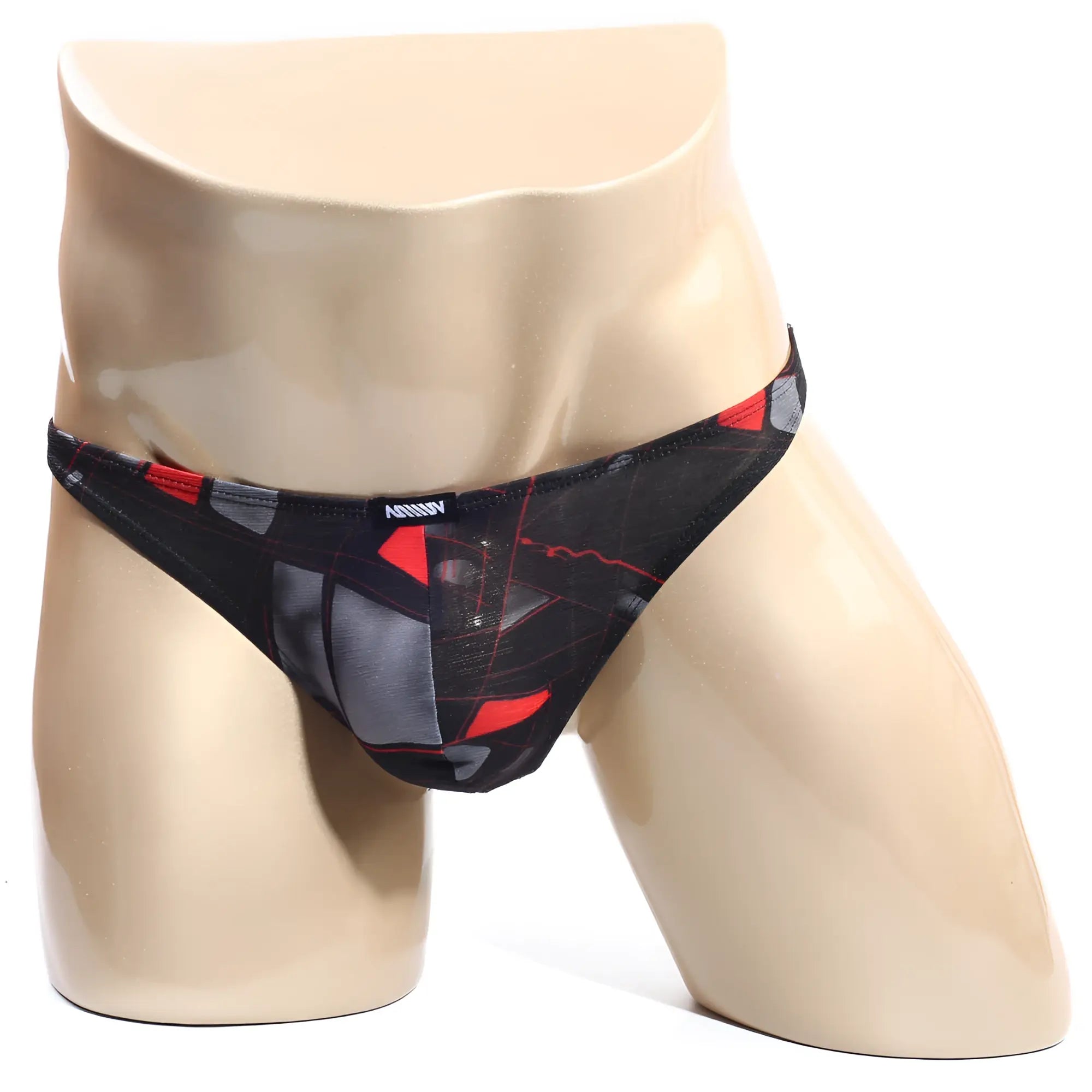 MetroMaleWear Espejo Thong 2302-73 black and red geometric mesh fabric men’s briefs shown from the back side