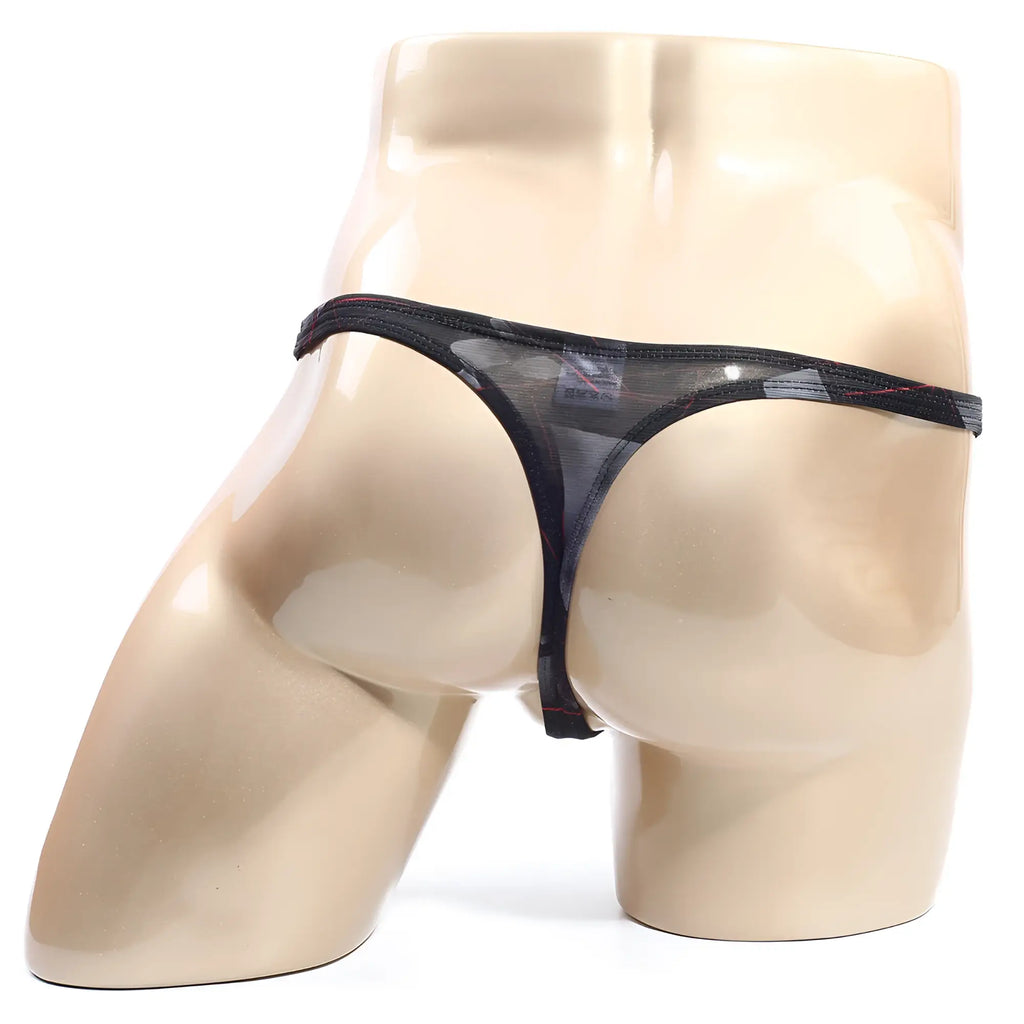 MetroMaleWear Espejo Thong 2302-73 black sheer mesh thong with thin elastic waistband and red stitching along edges