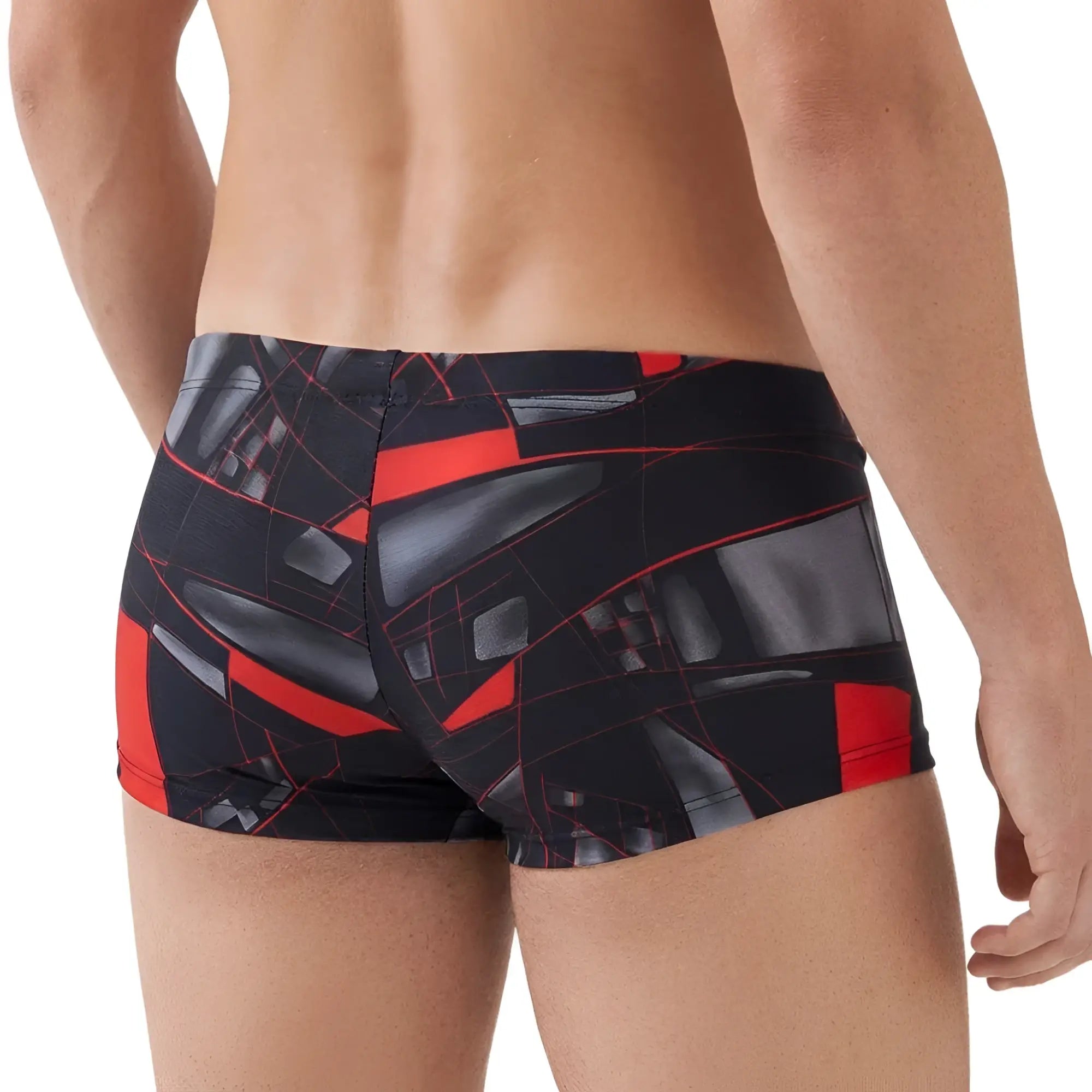 MetroMaleWear Espejo Trunk 2125-35 black and red abstract geometric patterned swim trunks for men