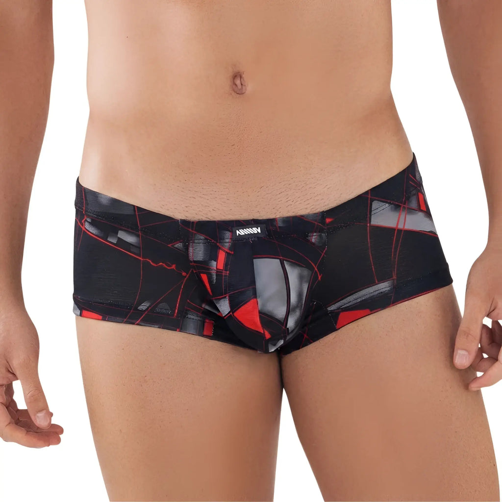 Black and red abstract geometric patterned men’s briefs by anniy from metro malewear espejo trunk 2125-35