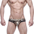 MetroMaleWear Esperanza brief tiger mesh briefs with leopard print black trim and small brand tag front view