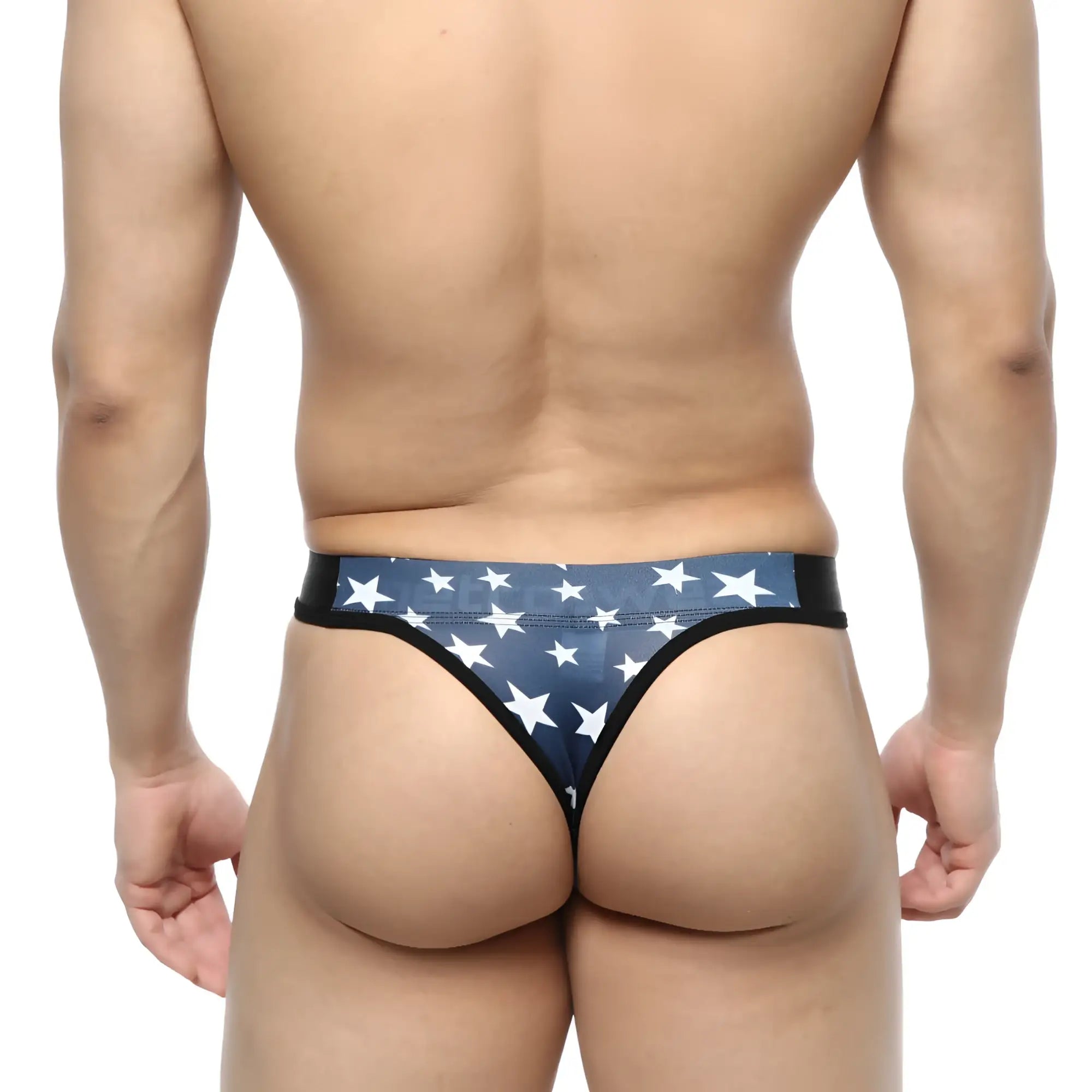 MetroMaleWear Estella thong 2502-91 in blue and white star pattern with black trim featuring a sleek design