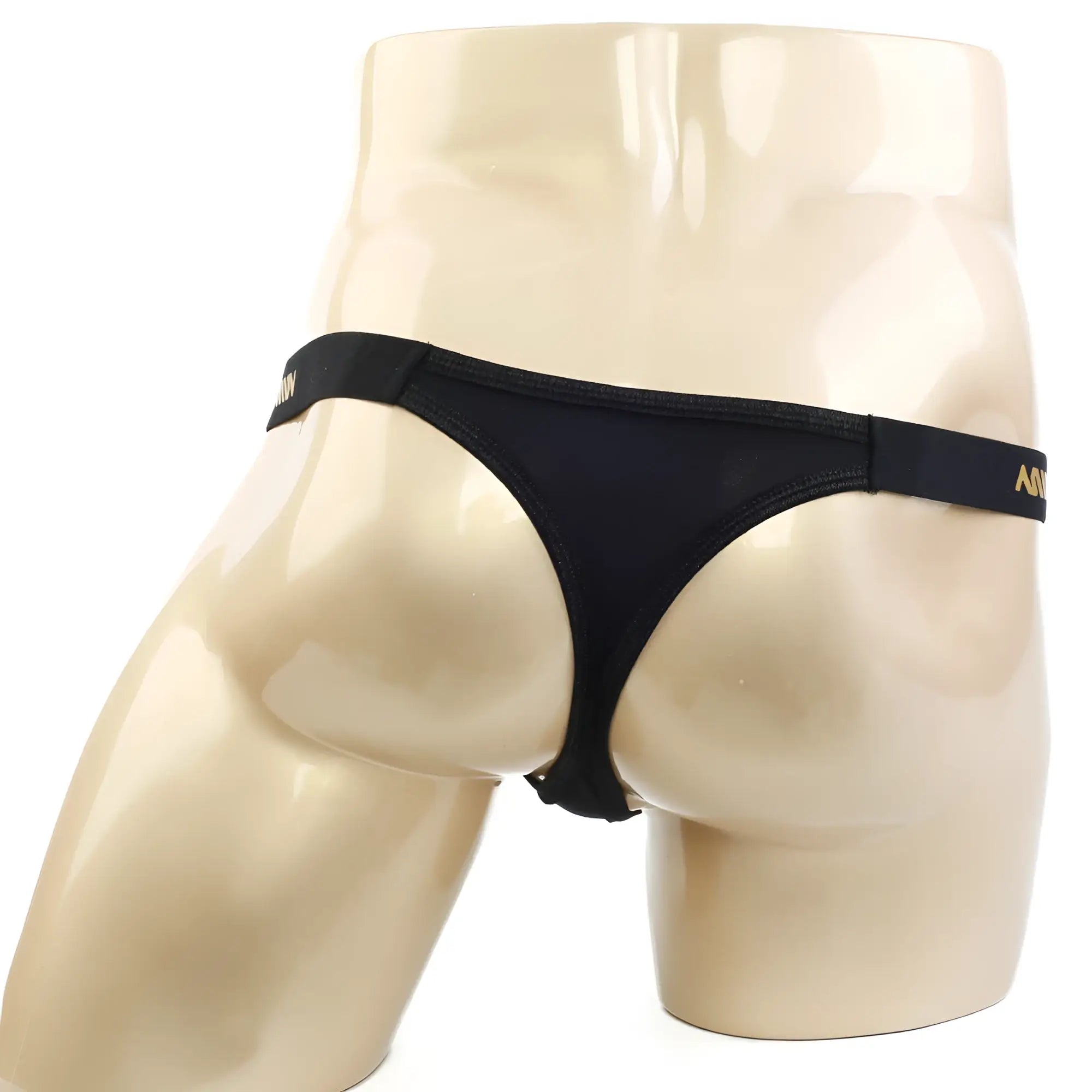 Black MetroMaleWear Estrema thong with narrow waistband and gold lettering on sides for stylish comfortable wear