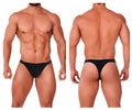 Black thong briefs with sleek minimalist design and subtle branding on waistband by MetroMaleWear Estrema 2332-20