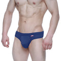 Navy blue MetroMaleWear eterna thong athletic briefs with snug fit and small red logo on waistband front view