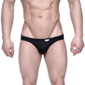 Black mesh briefs with a small white label on the waistband from MetroMaleWear Eureka Bikini black 5223-20 collection