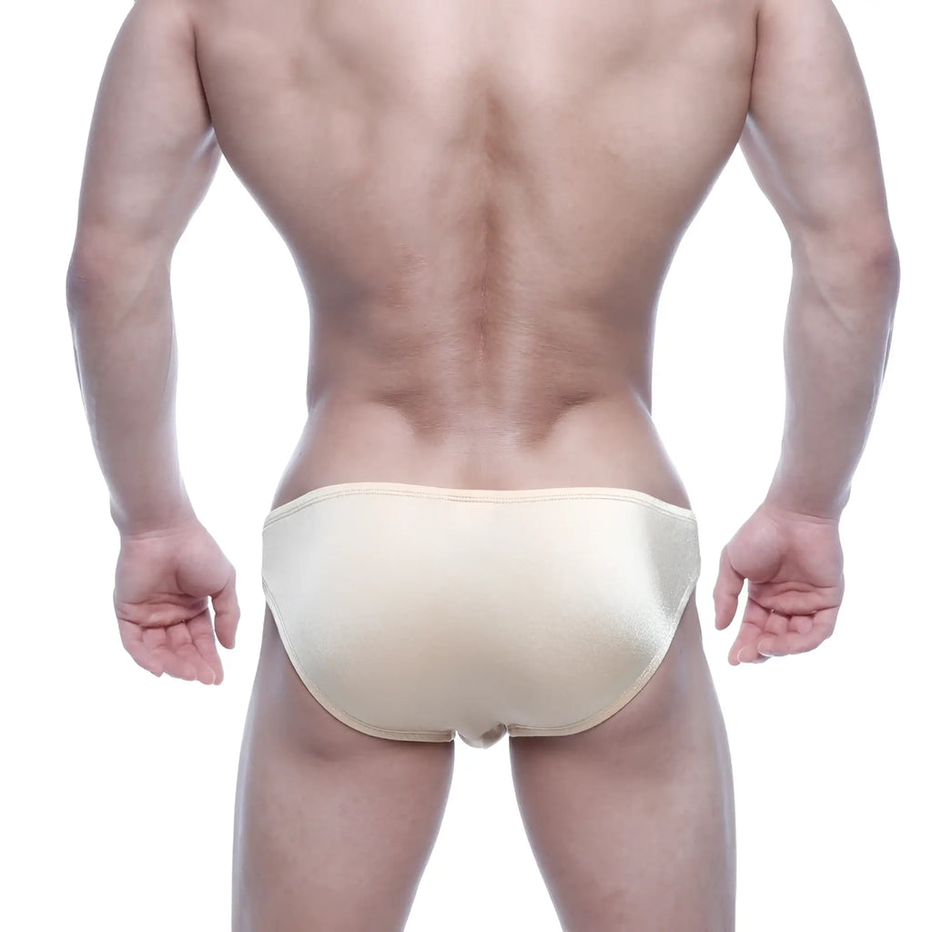 Beige satin briefs with a smooth glossy finish and snug fit metroMalewear eureka bikini gold 5223-21