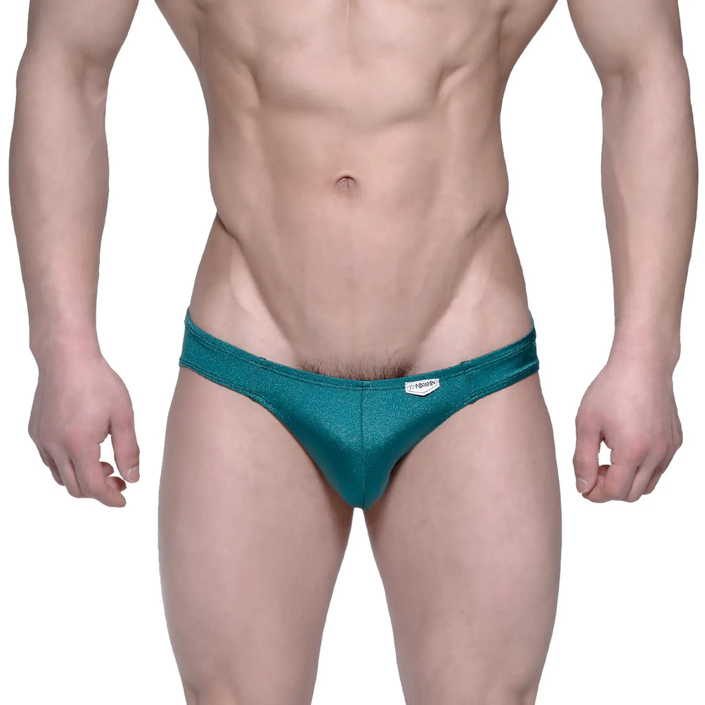 Teal shimmering MetroMaleWear Eureka bikini briefs with a snug form-fitting design for stylish comfort