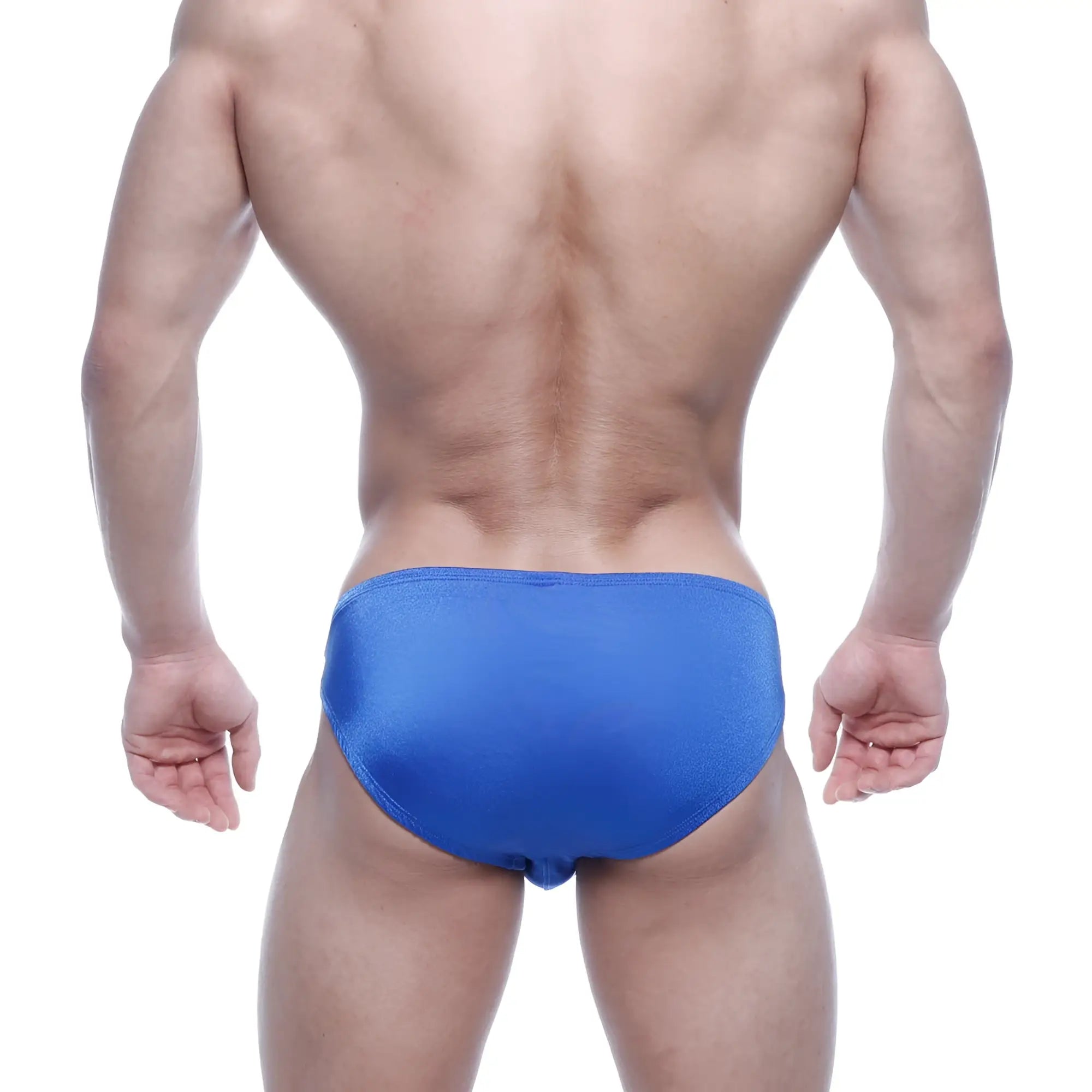 MetroMaleWear Eureka Bikini royal blue swim trunks with bright blue, form-fitting, smooth slightly shiny fabric