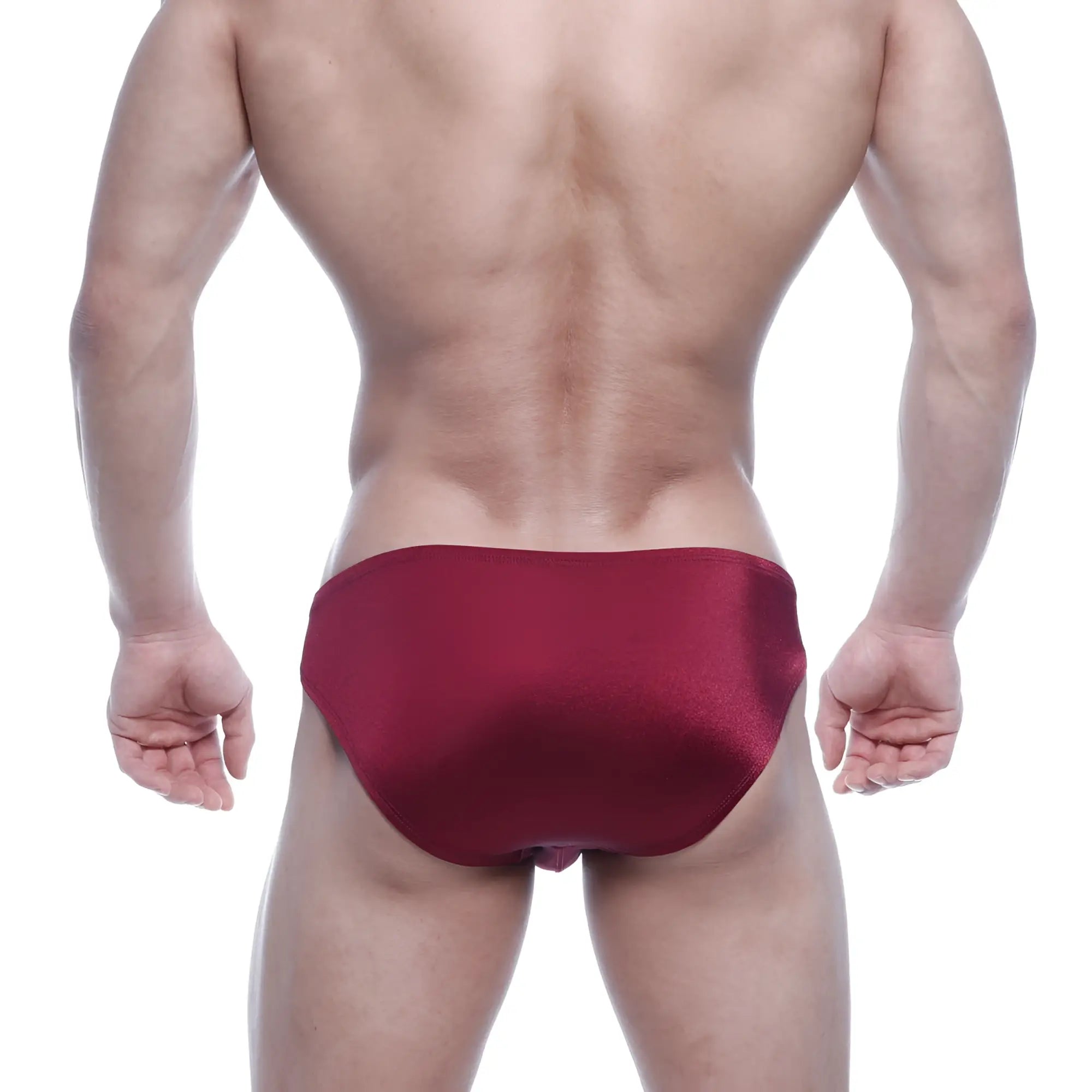 A sleek deep red satin brief with a smooth glossy finish from MetroMaleWear Eureka Bikini Wine 5223-29