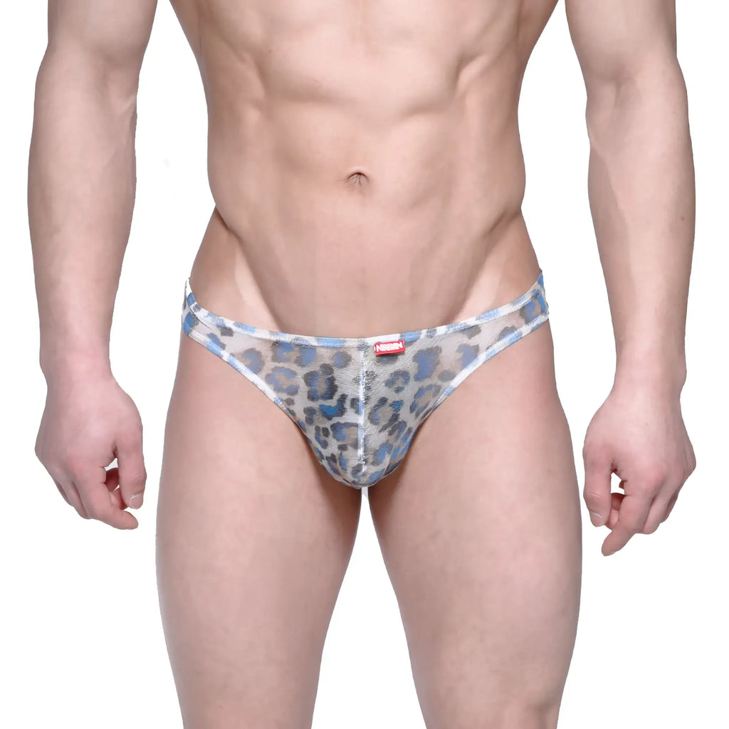 Metro male wear eureka thong leopard blue 1322-73 blue and gray leopard-print mesh briefs showing front side