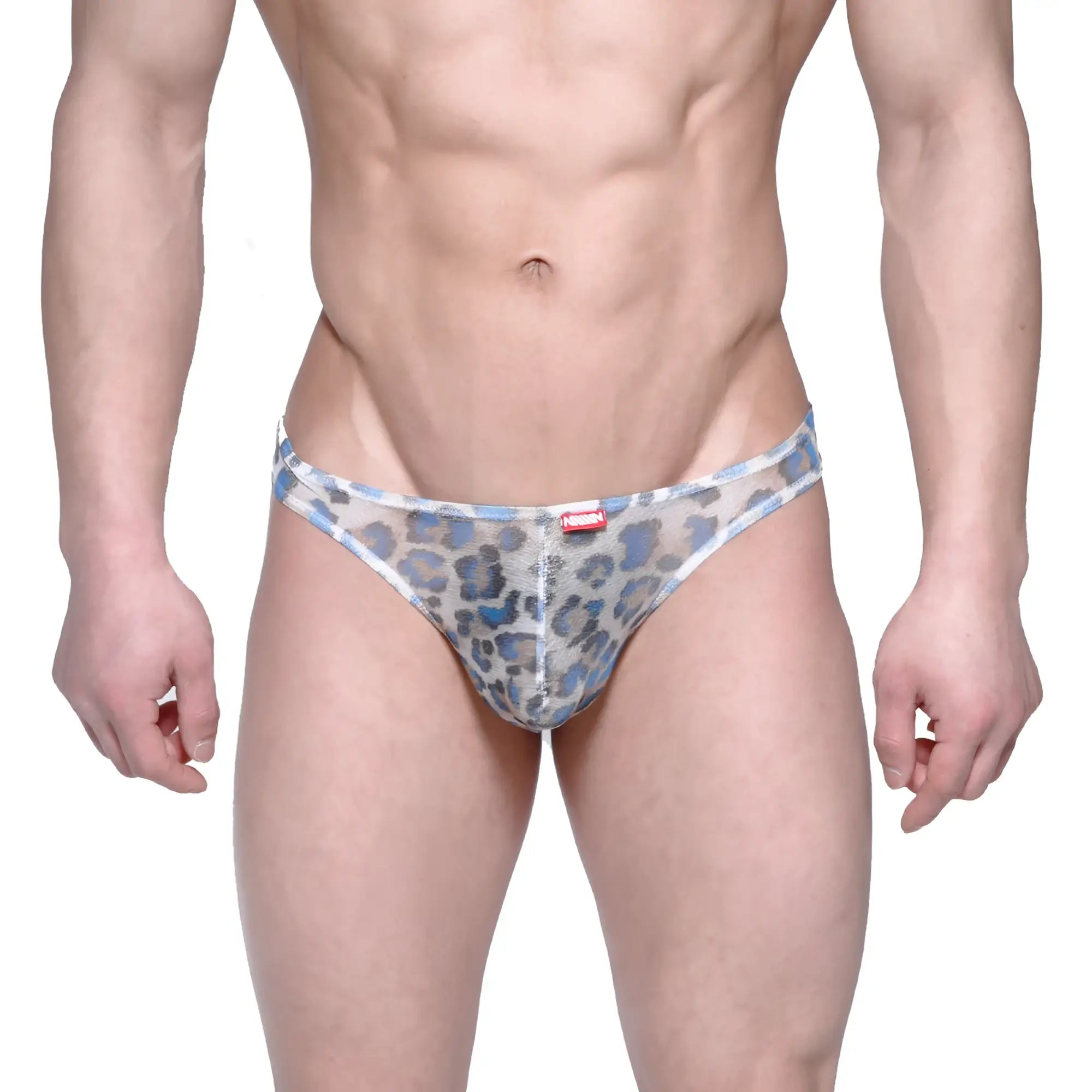 Metro male wear eureka thong leopard blue 1322-73 blue and gray leopard-print mesh briefs showing front side